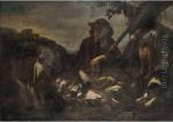 A Hunter In A Open Landscape 
With His Dogs And A Dead Game, A View Of Tivoli In The Background - view 1