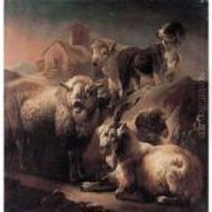 A Goat, Sheep And A Dog Resting In A Landscape, A Cottage Beyond. by Philipp Peter Roos