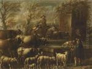 A Drover And A Shepherd
Preparing To Leave With Their Cattle Andflock; And A Drover On Horseback
Watering His Cattle At A Fountainand Shepherd With His Flock by Philipp Peter Roos