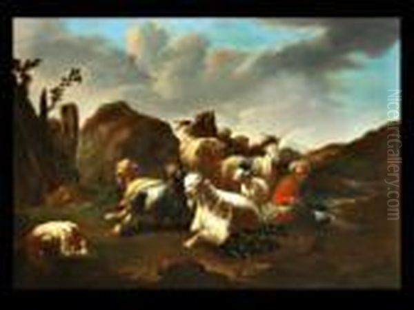 Schafer Mit Schafherde In Felsiger Landschaft - view 1