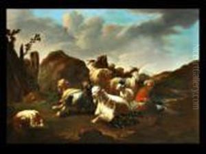 Schafer Mit Schafherde In Felsiger Landschaft by Philipp Peter Roos