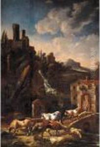 An Italianate Landscape With Drovers And Their Herd On A Bridge, A Waterfall Beyond