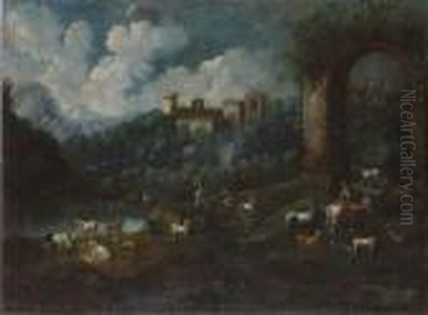 Veduta Del Castello Di Nerola Con Contadini E Armenti - view 1