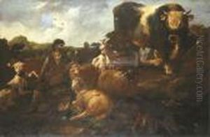 A Peasant Surrounded By Dogs, Sheep, A Bull