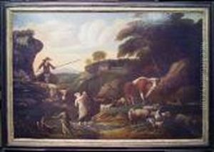 Drovers With Livestock In A Landscape by Philipp Peter Roos