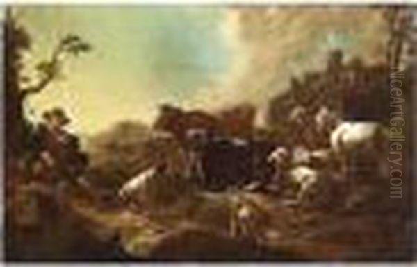 A Shepherd Resting With His Cattle, Goats And Sheep In A Hilly Landscape - view 1