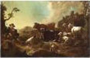 A Shepherd Resting With His Cattle, Goats And Sheep In A Hilly Landscape by Philipp Peter Roos