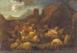 A Shepherdess And Child Resting With Her Herd In An Mountainous Italianate Landscape by Philipp Peter Roos