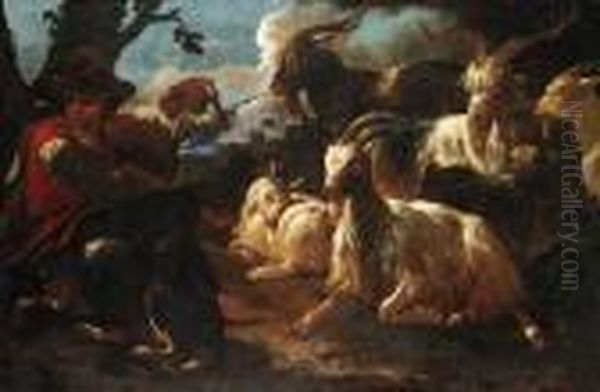 A Young Goatherd With Two Dogs And Six Goats In An Italianate Landscape - view 1