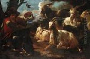 A Young Goatherd With Two Dogs And Six Goats In An Italianate Landscape by Philipp Peter Roos