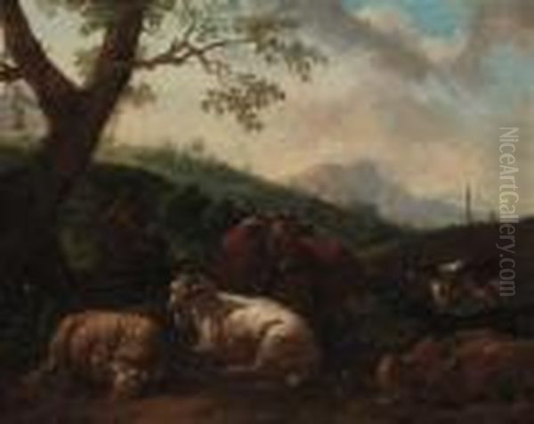 A Drover Resting With A Cow, Sheep And Dog In A Landscape - view 1