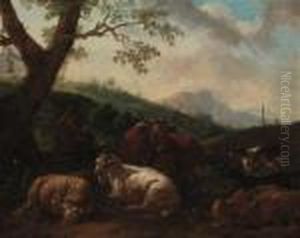 A Drover Resting With A Cow, Sheep And Dog In A Landscape
