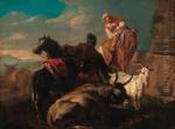 Drovers With A Donkey, Goat And Cattle In An Italianatelandscape - view 1