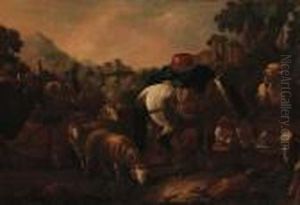 A Drover With A Bull, Sheep,
Goats And A Packhorse At A Fountain Ina Mountainous Landscape A Drover With A Bull, Sheep,
Goats And A Packhorse At A Fountain Ina Mountainous Landscape