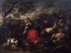 A Milkmaid With Goats, Sheep And A Dog, In An Italianatelandscape A Milkmaid With Goats, Sheep And A Dog, In An Italianatelandscape
