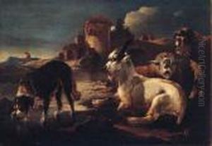 A Dog Drinking At A Pool By Sheep And A Goat, A Shepherd And A Ruinbeyond A Dog Drinking At A Pool By Sheep And A Goat, A Shepherd And A Ruinbeyond