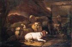 Sheep, A Goat, Rams And A Spaniel Resting By A Stone Wall In Anitalianate Landscape by Philipp Peter Roos