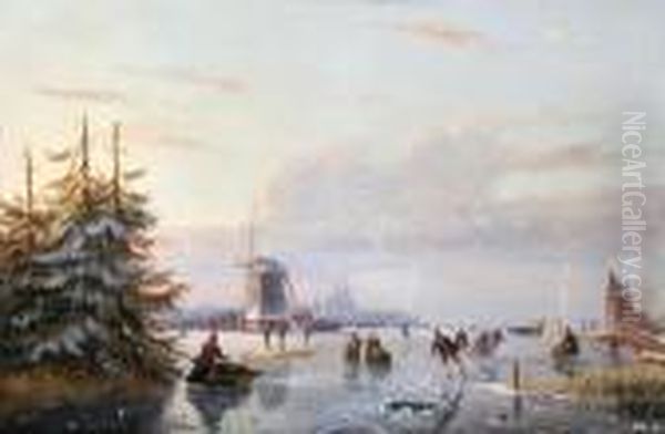 Dutch Winter Scene With Figures Skating - view 1