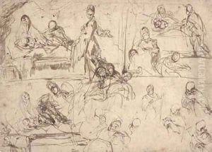 Three studies for the Birth of the Virgin with subsidiary studies of the principal figures by Massimo Stanzione