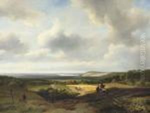 Hunters In An Undulating River Landscape In Summer