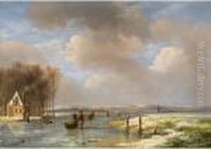 Idyllische Hollandische 
Winterlandschaft Mitschlittschuhlaufern Und Bauer, Seine Milchkannen In 
Einem Schlittenziehend