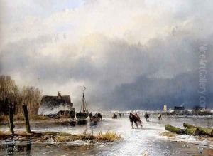 A Winter Landscape With Skaters On A Frozen Waterway