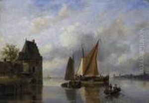 Ships And Ferries On A Dutch Rivercourse. Signed Lower Left: H.j. Roosenboom F