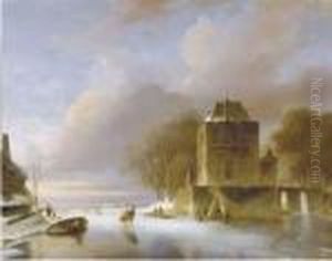 Skaters On A Frozen River With A Koek En Zopie By A Mansion