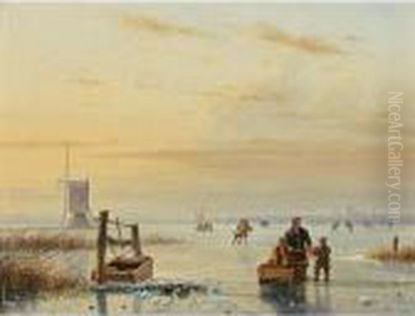 Skaters On A Frozen Waterway, Windmills In The Distance - view 1
