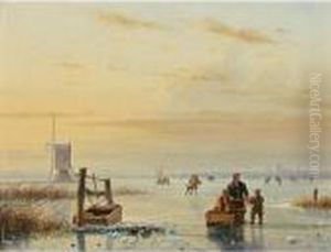 Skaters On A Frozen Waterway, Windmills In The Distance