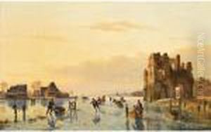A Winter Landscape With Figures On A Frozen Waterway, A 'koek En Zopie' In The Distance