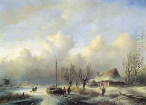 Figures in a winter landscape by Andreas Schelfhout