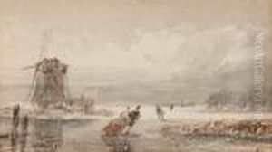 Figures Skating By A Windmill 
Together With Three Other Coastal And Landscape Scenes, Four