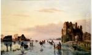 Scene De Patinage Sur Un Lac Gele En Hollande by Nicholas Jan Roosenboom