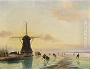 A Winter Landscape With Skating Figures Near A Windmill A Winter Landscape With Skating Figures Near A Windmill