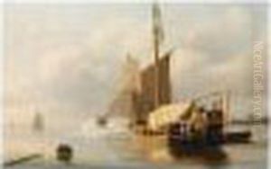 A Vessel Firing A Salute; A Coastal View With Boats And Figures On The Beach (a Pair)