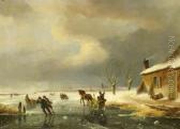 Skaters On A Frozen Waterway, A Town In The Distance - view 1