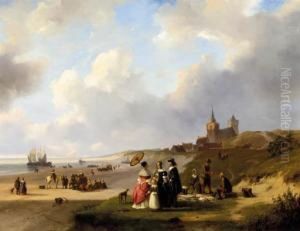 Een Strandgezicht Bij Scheveningen: Elegant Figures On The Beach On A Summer Day by Nicholas Jan Roosenboom