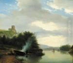 A Hilly River Landscape With Figures Along The Water Making A Fire