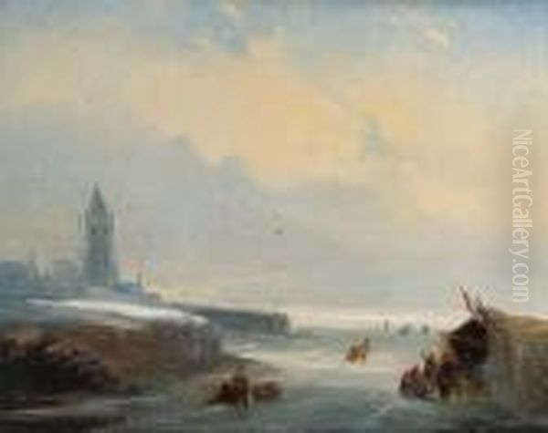 Skaters Reposing At A Koek En Zopie Stand On A Frozen Waterway Neara City - view 1