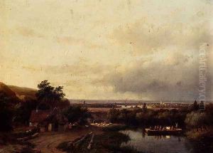 A Summer Landscape With A Ferry by Andreas Schelfhout