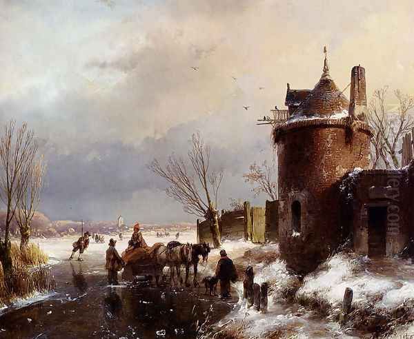Figures With A Horse Sledge On The Ice, A Town In The Distance - view 1