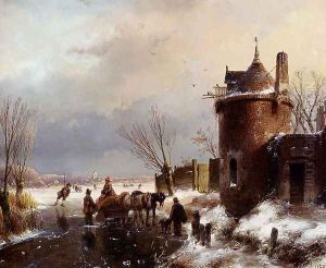 Figures With A Horse Sledge On The Ice, A Town In The Distance