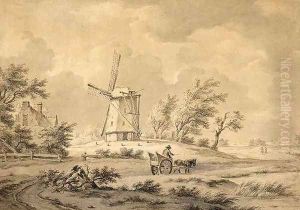 Horse and Carriage Near a Windmill by Andreas Schelfhout