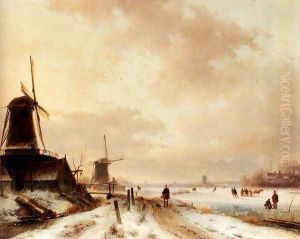Winter: a huntsman passing woodmills on a snowy track, skaters on a frozen river beyond by Andreas Schelfhout