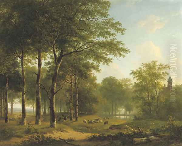 A shepherd and his flock on castle grounds - view 1