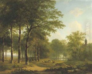 A shepherd and his flock on castle grounds by Andreas Schelfhout