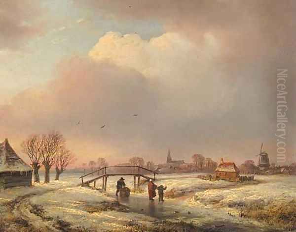 A winter landscape with figures on a frozen waterway - view 1