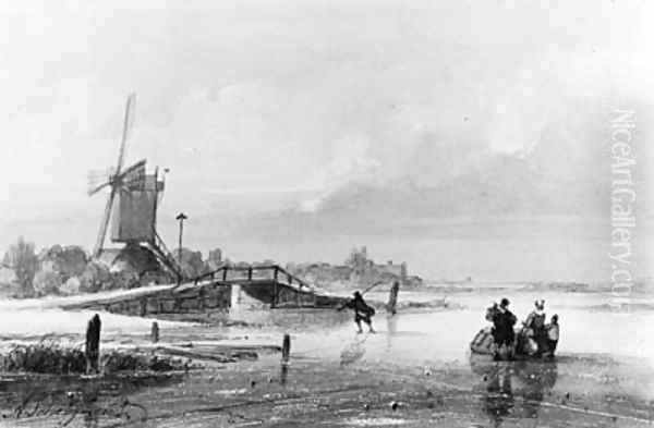 A Winter Landscape with Figures on the Ice near a Mill - view 1