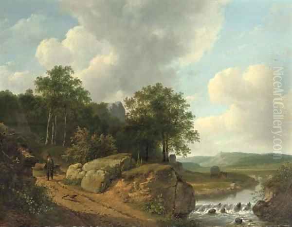 An extensive landscape with a traveller approaching a stream - view 1